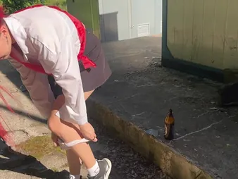 Stepparent penalizes stepdaughter-in-law Rinkind with a bottle while ZLOY Andrey observes in public